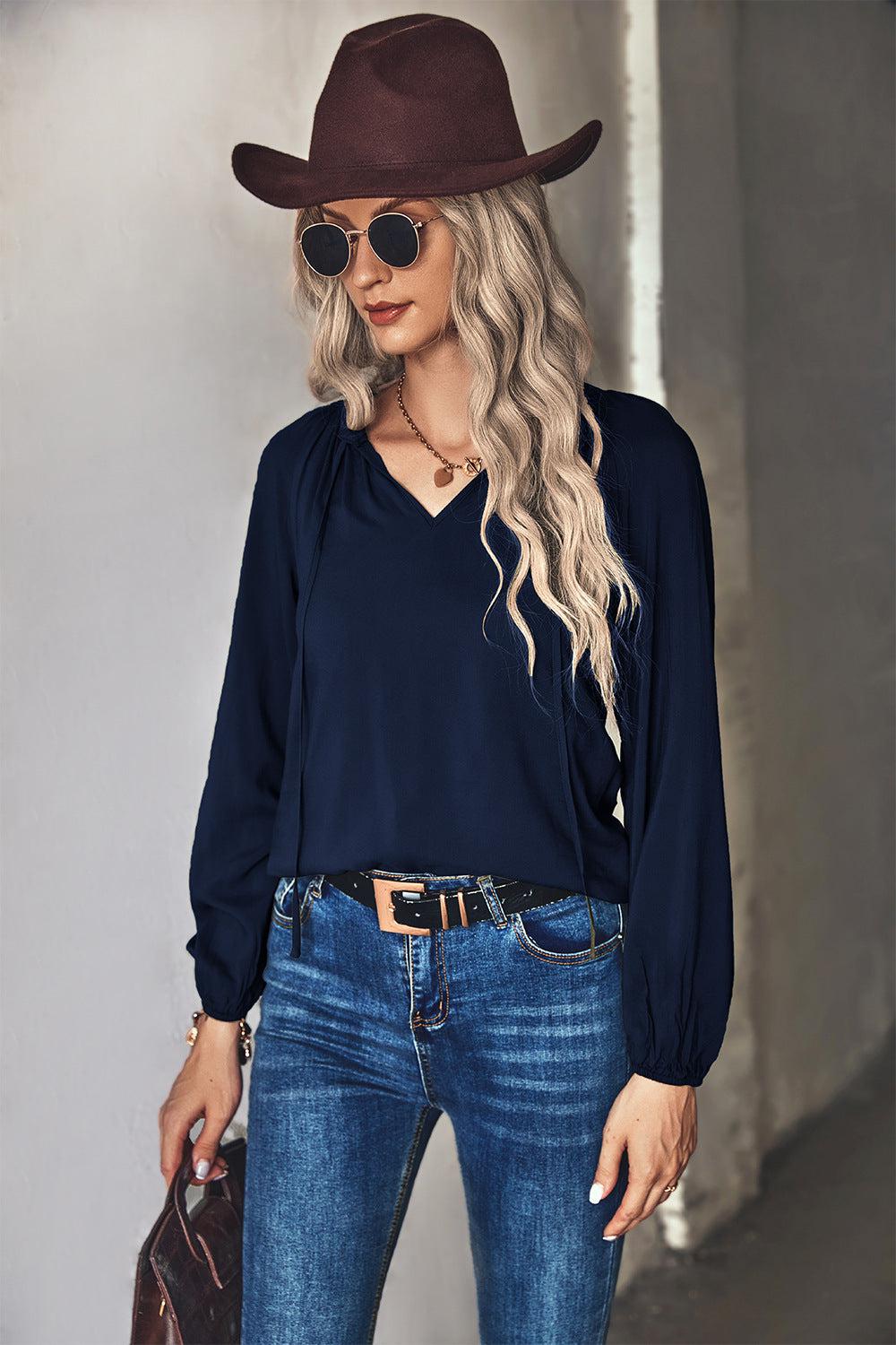 Gathered Detail Tie-Neck Blouse BLUE ZONE PLANET