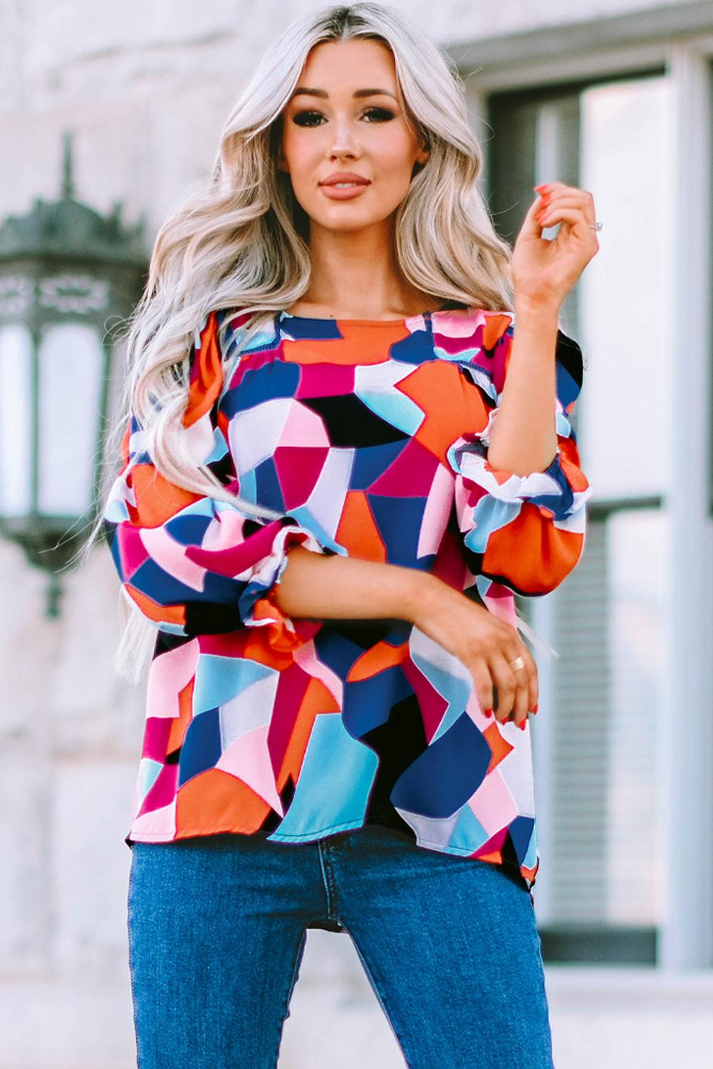 Geometric Flounce Sleeve Blouse BLUE ZONE PLANET