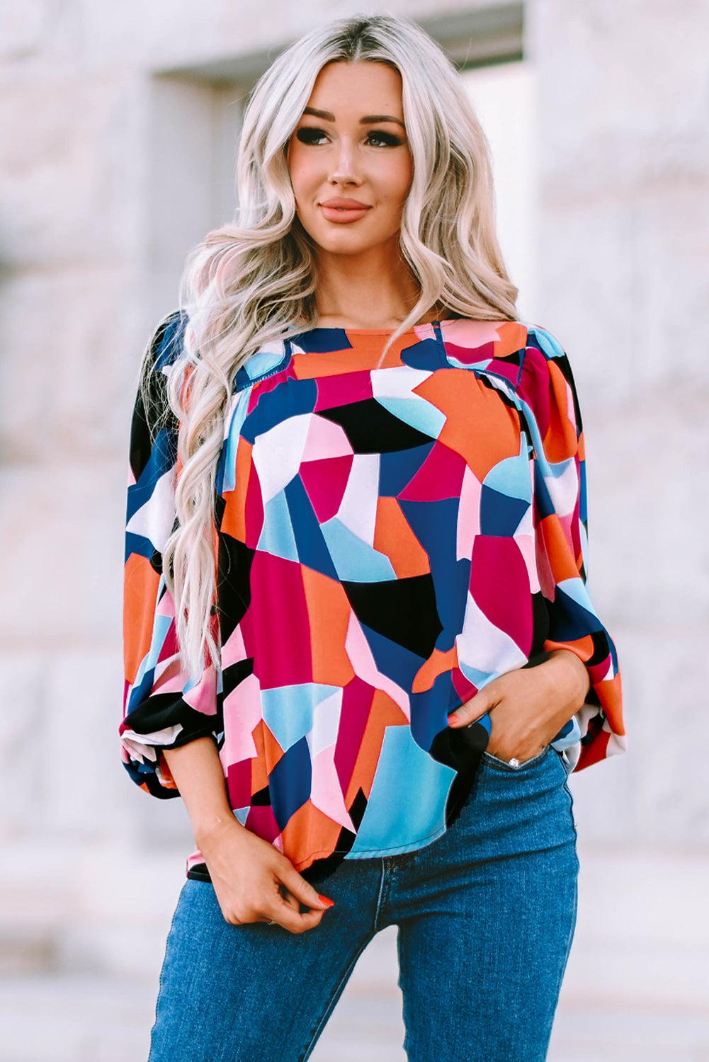 Geometric Flounce Sleeve Blouse BLUE ZONE PLANET