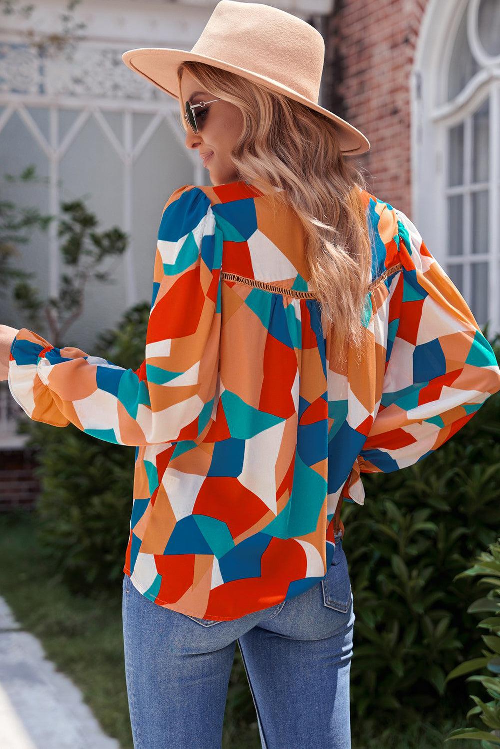 Geometric Flounce Sleeve Blouse BLUE ZONE PLANET