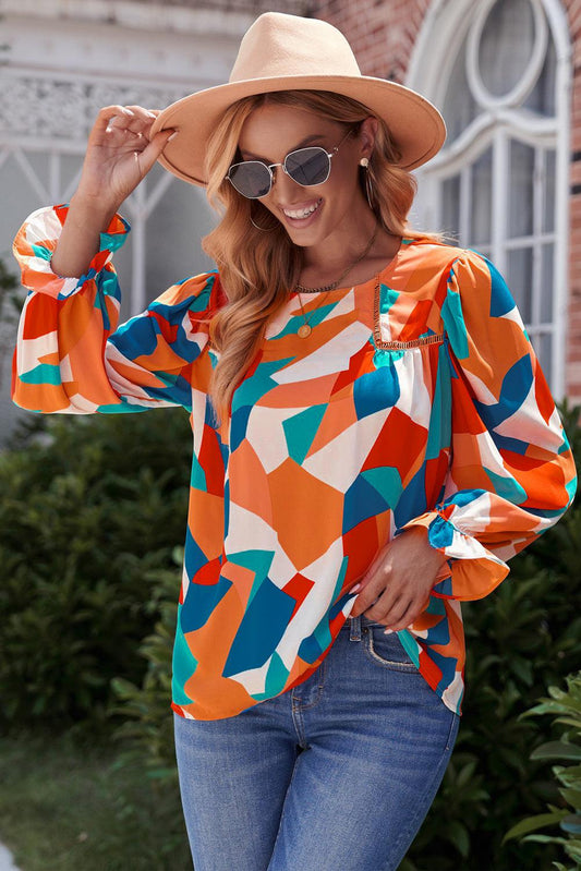 Geometric Flounce Sleeve Blouse BLUE ZONE PLANET