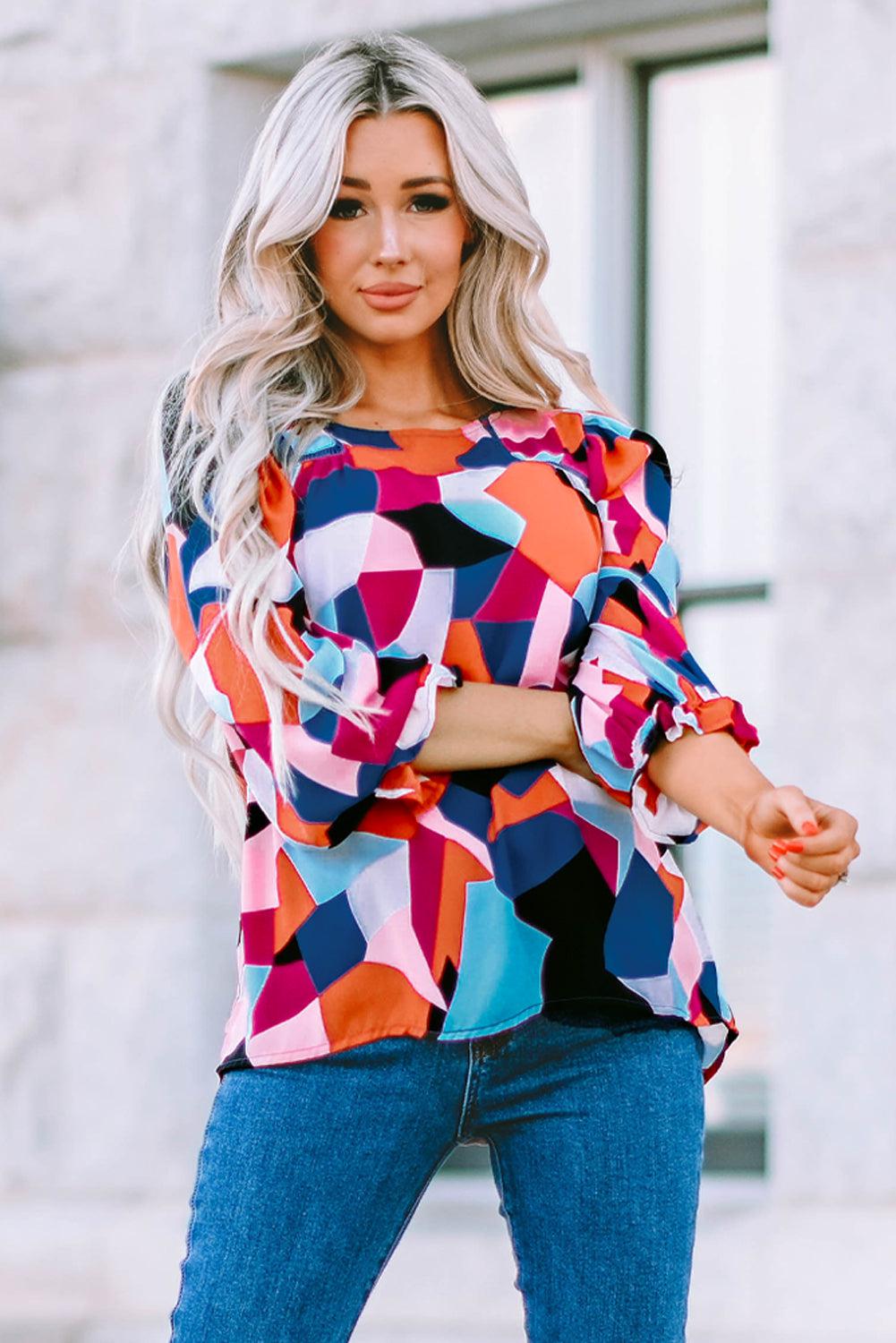 Geometric Flounce Sleeve Blouse BLUE ZONE PLANET