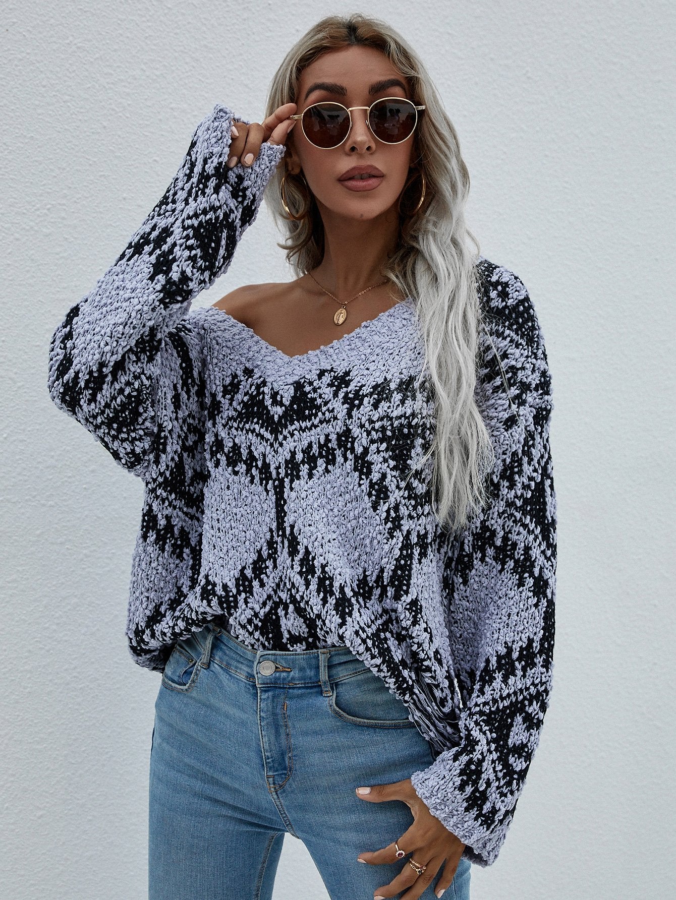 Geometric Print Chunky Knit Sweater-TOPS / DRESSES-[Adult]-[Female]-Gray-S-Blue Zone Planet
