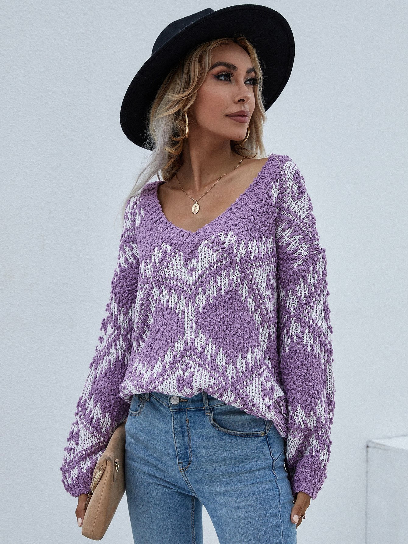Geometric Print Chunky Knit Sweater-TOPS / DRESSES-[Adult]-[Female]-Purple-S-Blue Zone Planet