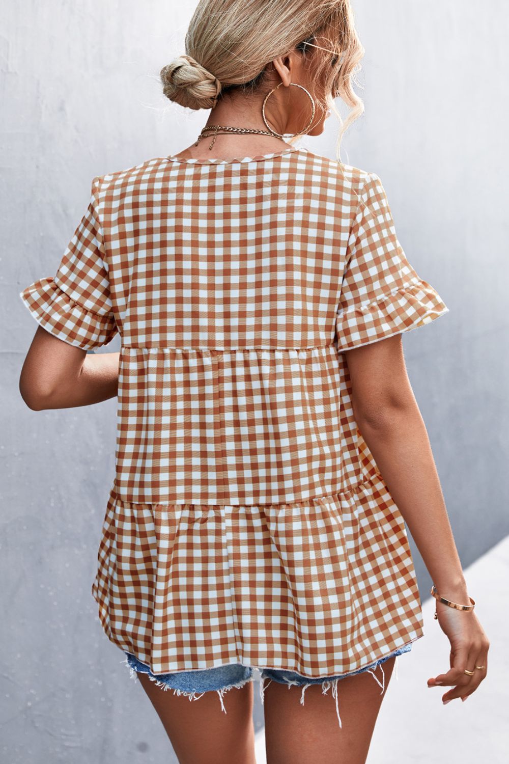 Gingham Flare Sleeve Babydoll Top-TOPS / DRESSES-[Adult]-[Female]-Blue Zone Planet