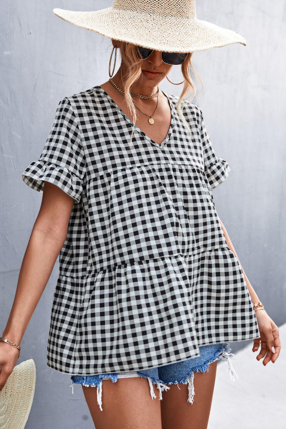 Gingham Flare Sleeve Babydoll Top-TOPS / DRESSES-[Adult]-[Female]-Blue Zone Planet