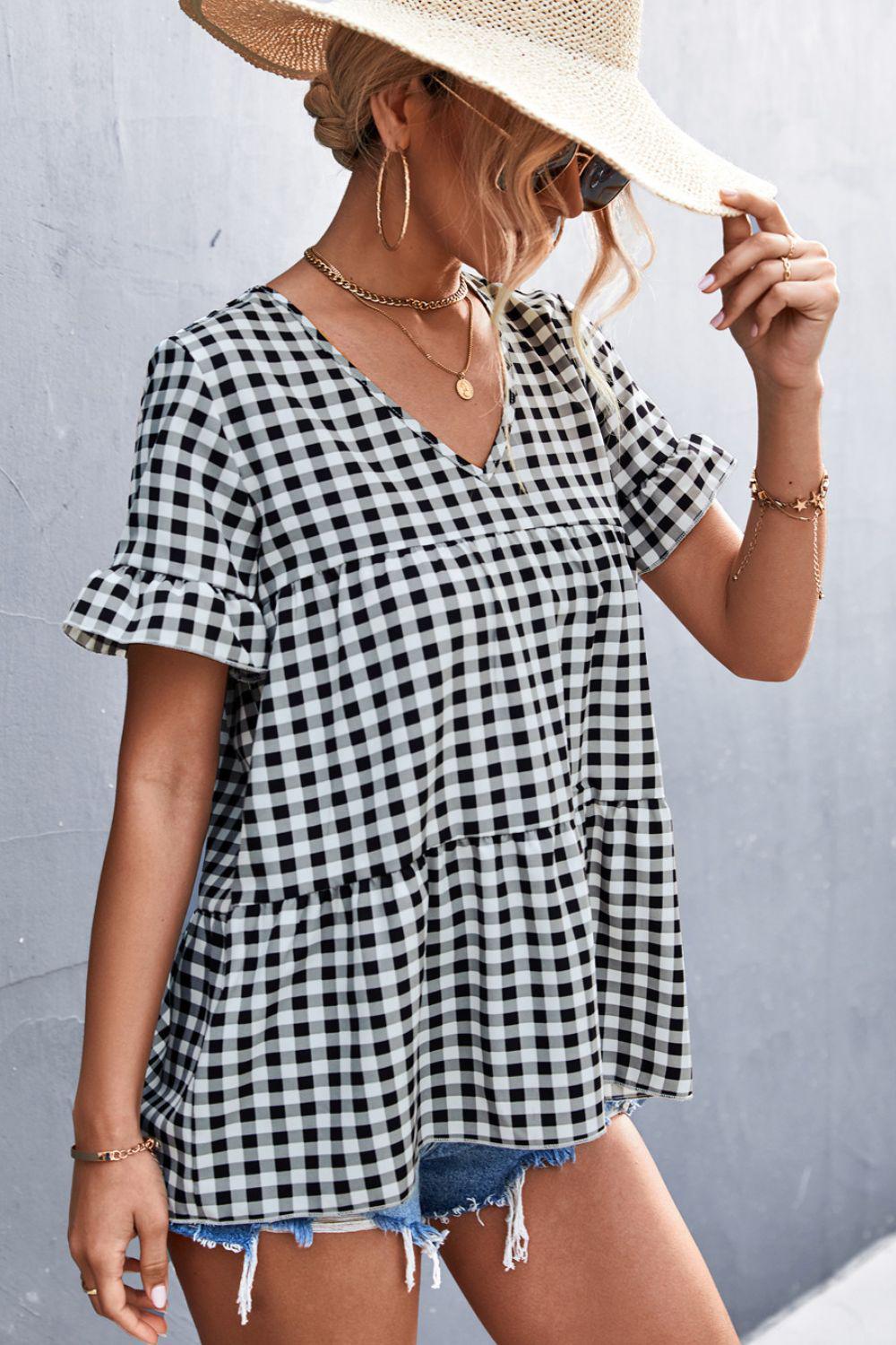 Gingham Flare Sleeve Babydoll Top-TOPS / DRESSES-[Adult]-[Female]-Blue Zone Planet