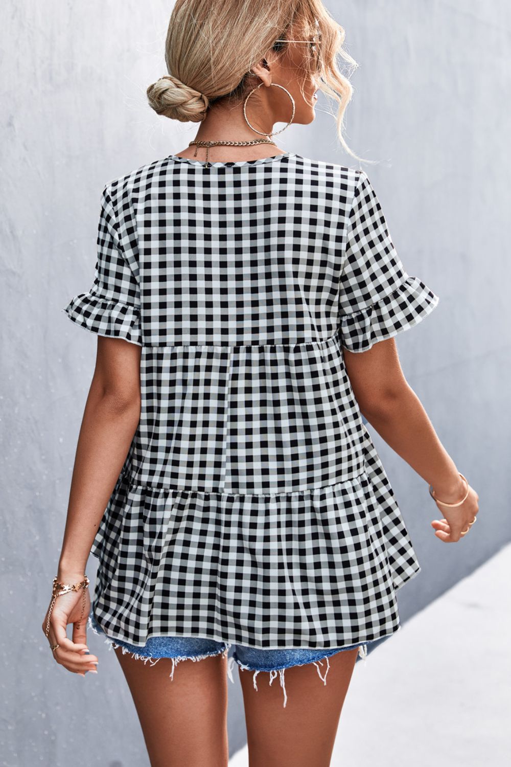 Gingham Flare Sleeve Babydoll Top-TOPS / DRESSES-[Adult]-[Female]-Blue Zone Planet