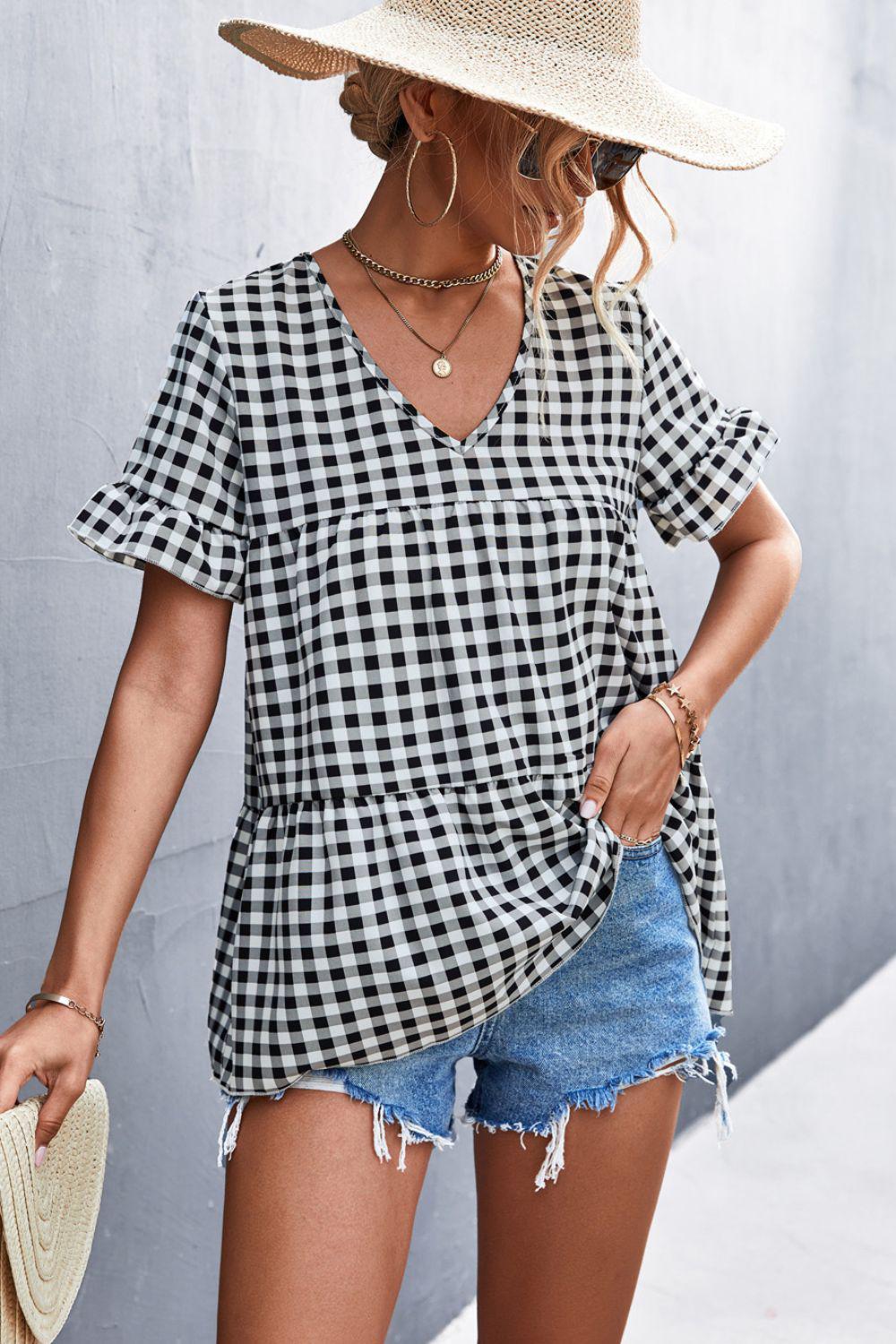 Gingham Flare Sleeve Babydoll Top-TOPS / DRESSES-[Adult]-[Female]-Black Plaid-S-Blue Zone Planet