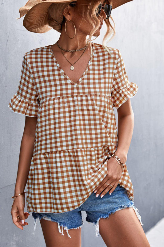 Gingham Flare Sleeve Babydoll Top-TOPS / DRESSES-[Adult]-[Female]-Ochre Plaid-S-Blue Zone Planet