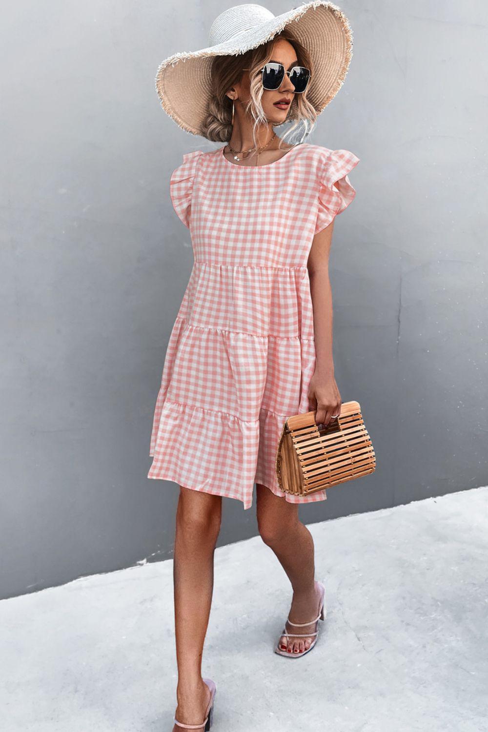 Gingham Ruffle Shoulder Tiered Dress BLUE ZONE PLANET
