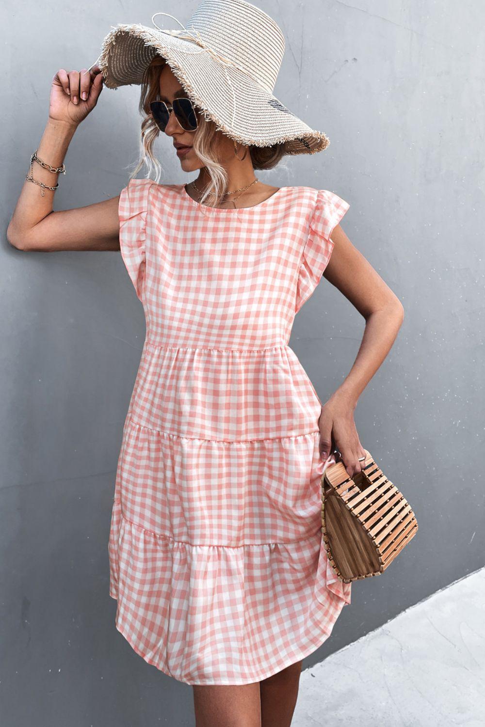 Gingham Ruffle Shoulder Tiered Dress BLUE ZONE PLANET