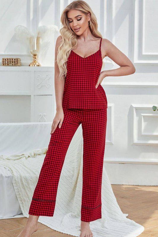 Gingham V-Neck Cami and Tied Pants Lounge Set BLUE ZONE PLANET