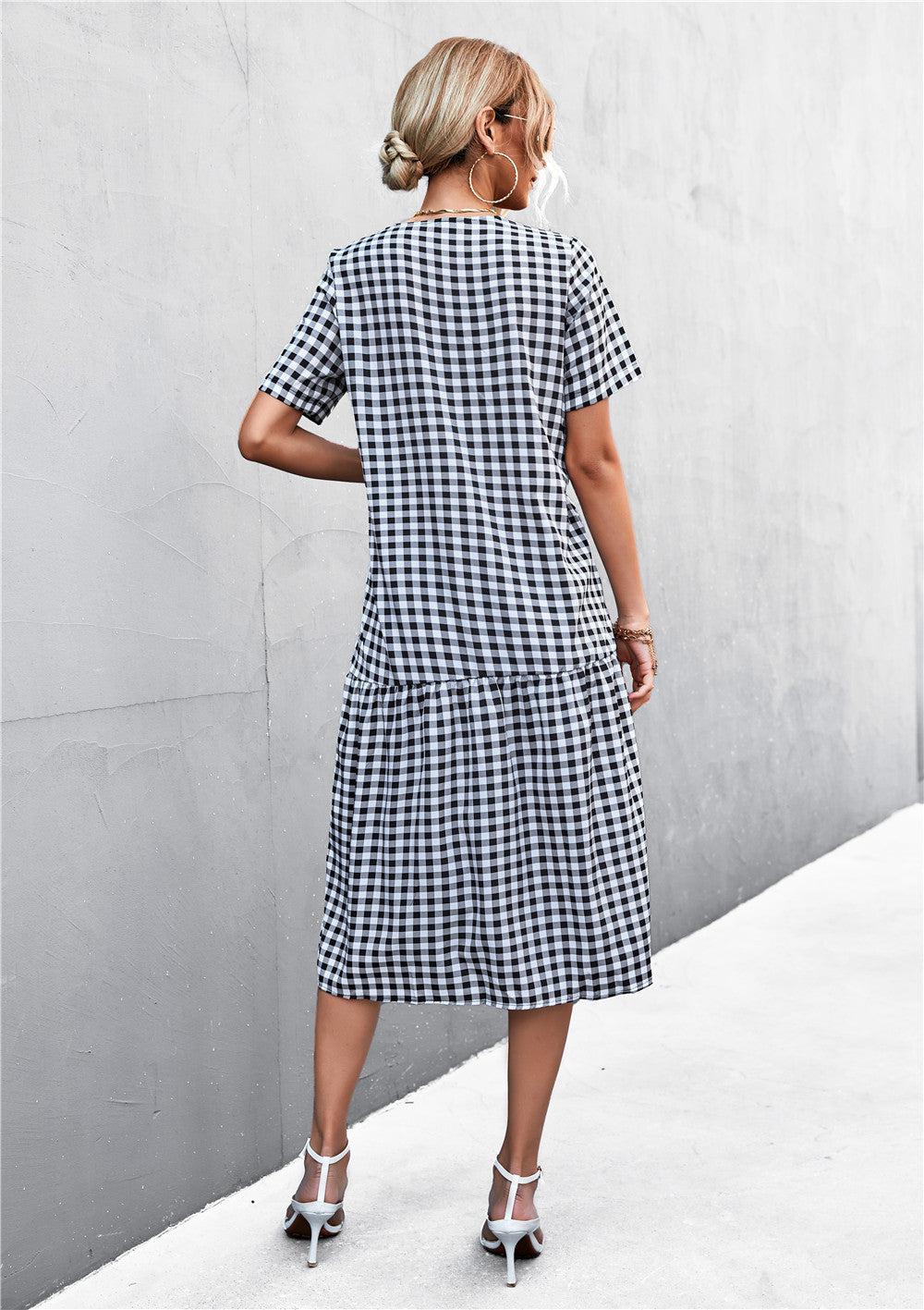 Gingham V-Neck Short Sleeve Midi Dress-TOPS / DRESSES-[Adult]-[Female]-Blue Zone Planet