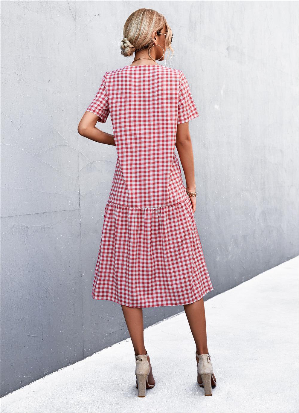 Gingham V-Neck Short Sleeve Midi Dress-TOPS / DRESSES-[Adult]-[Female]-Blue Zone Planet