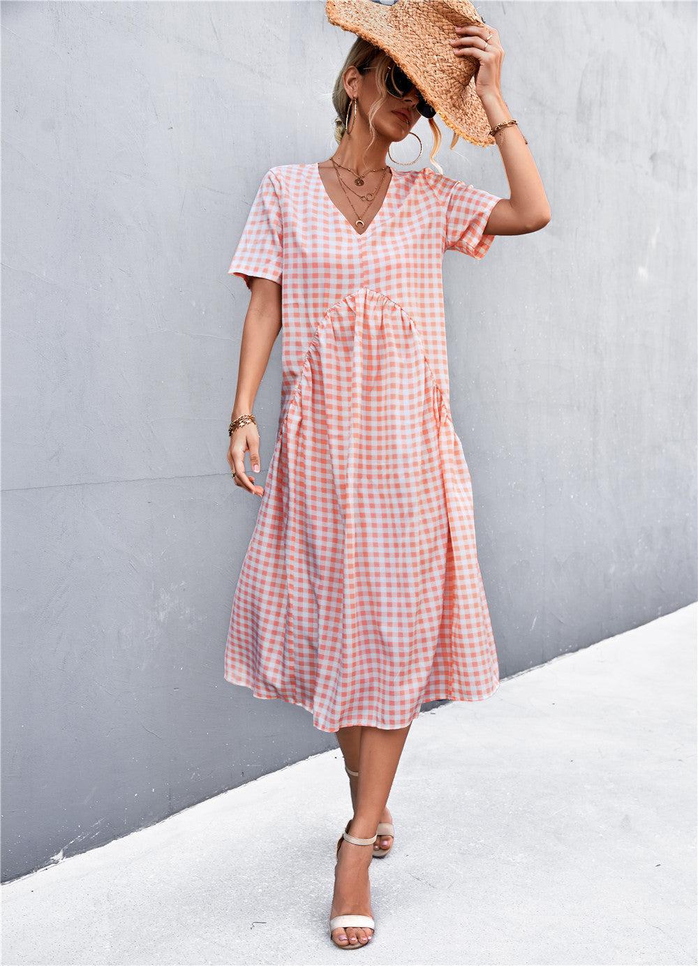 Gingham V-Neck Short Sleeve Midi Dress-TOPS / DRESSES-[Adult]-[Female]-Blue Zone Planet