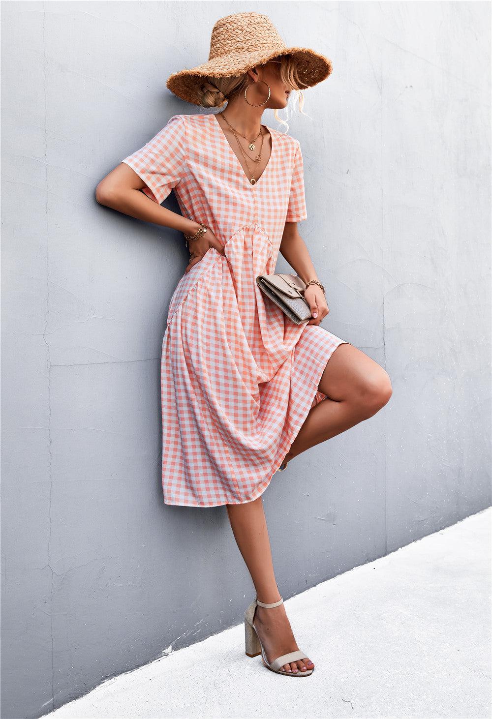 Gingham V-Neck Short Sleeve Midi Dress-TOPS / DRESSES-[Adult]-[Female]-Blue Zone Planet