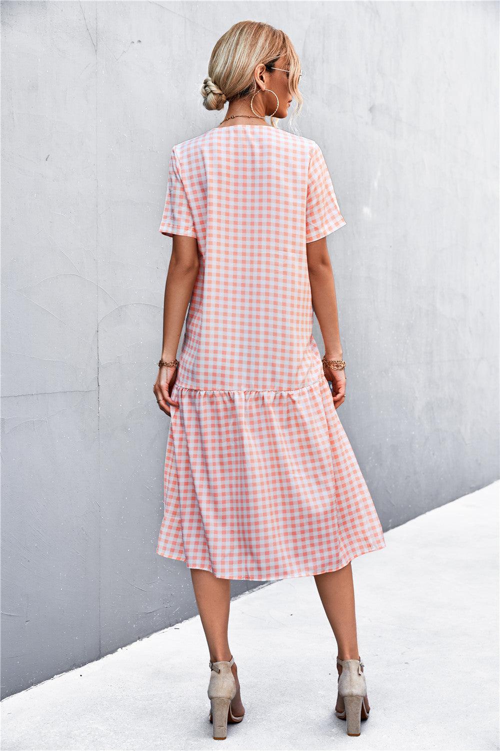 Gingham V-Neck Short Sleeve Midi Dress-TOPS / DRESSES-[Adult]-[Female]-Blue Zone Planet