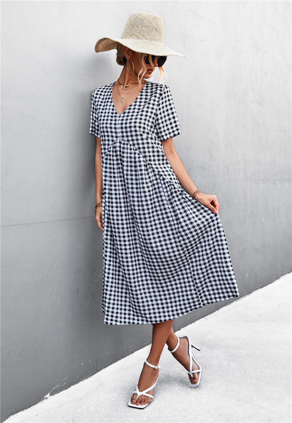 Gingham V-Neck Short Sleeve Midi Dress-TOPS / DRESSES-[Adult]-[Female]-Blue Zone Planet