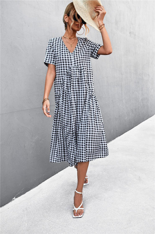 Gingham V-Neck Short Sleeve Midi Dress-TOPS / DRESSES-[Adult]-[Female]-Black-S-Blue Zone Planet