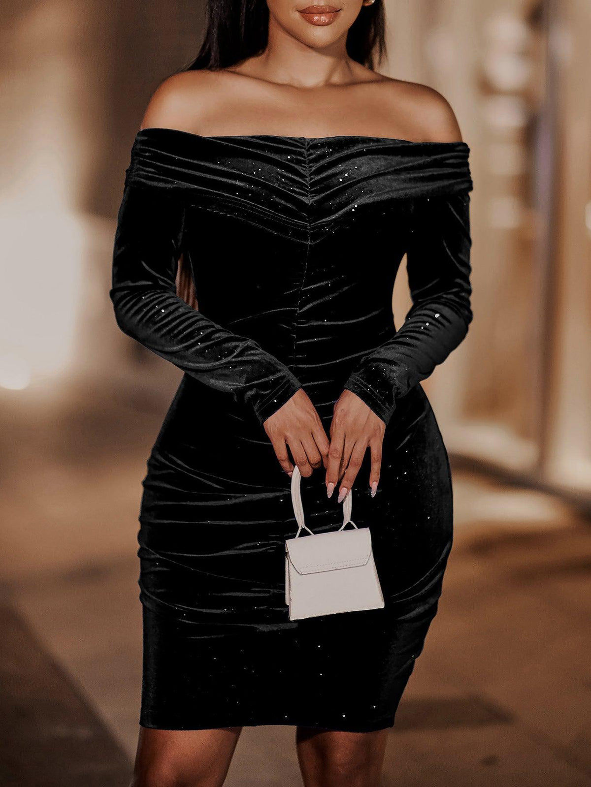 off the shoulder ruched bodycon dress Velvet Off-shoulder Ruched Bodycon Dress Black