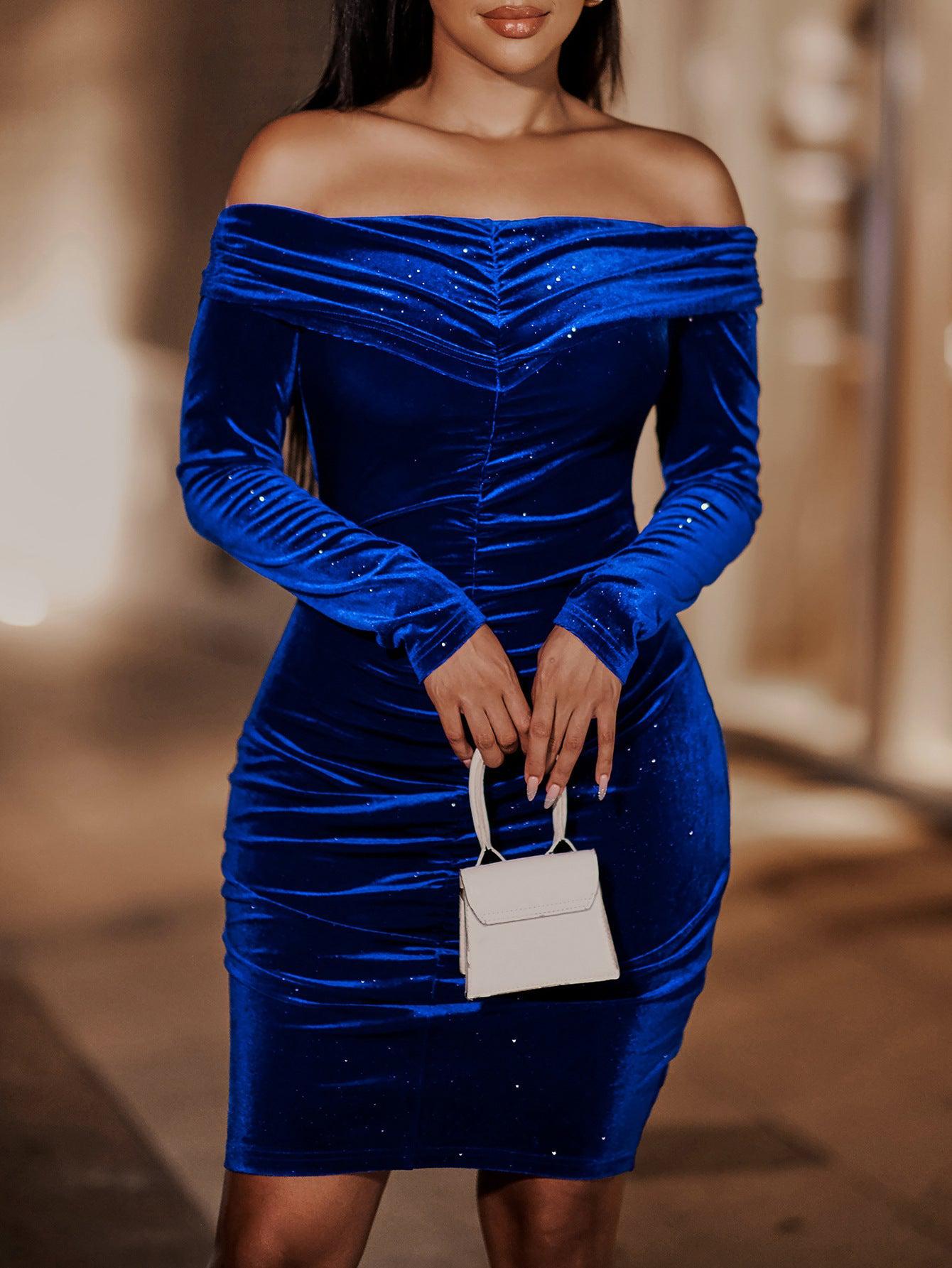 Glitter Off-Shoulder Ruched Bodycon Mini Dress BLUE ZONE PLANET