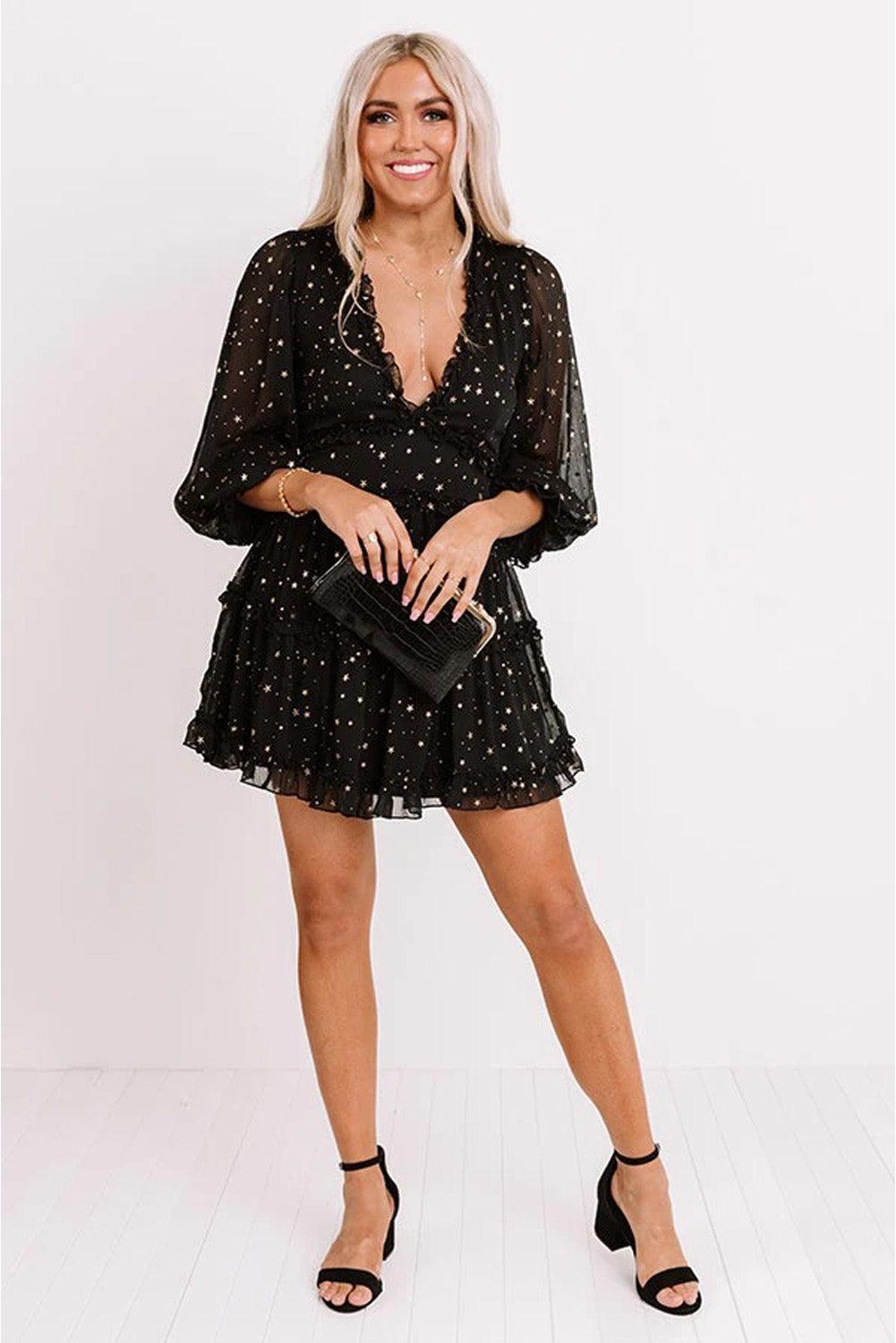 Glitter Stars Backless Ruffle Dress-TOPS / DRESSES-[Adult]-[Female]-Blue Zone Planet