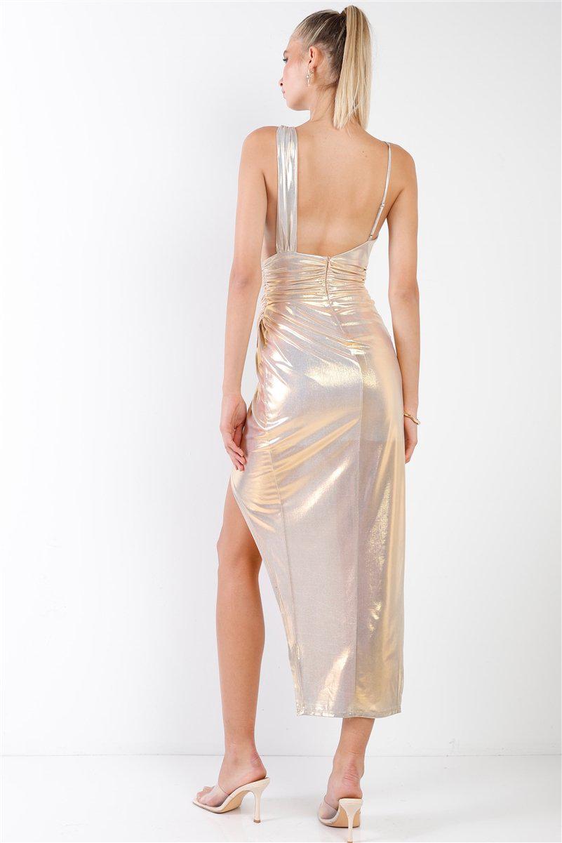 Gold Iridescent V-neck Wrap Gathered Deep Side Slit Different Straps Maxi Dress-[Adult]-[Female]-Blue Zone Planet