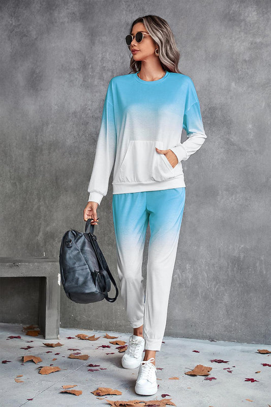 Gradient Round Neck Sweatshirt and Joggers Set BLUE ZONE PLANET