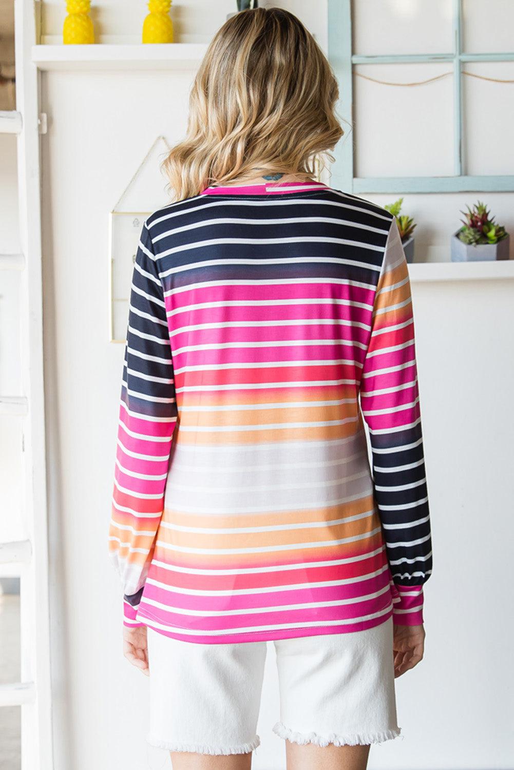 Gradient Striped Long Sleeve V-Neck Top BLUE ZONE PLANET