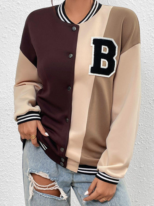 Graphic Color Block Snap Down Bomber Jacket-TOPS / DRESSES-[Adult]-[Female]-Khaki/Brown-S-Blue Zone Planet
