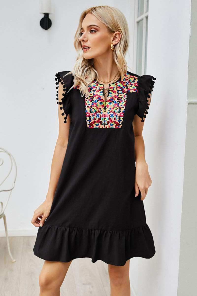 Graphic Embroidered Ruffle Hem Dress BLUE ZONE PLANET