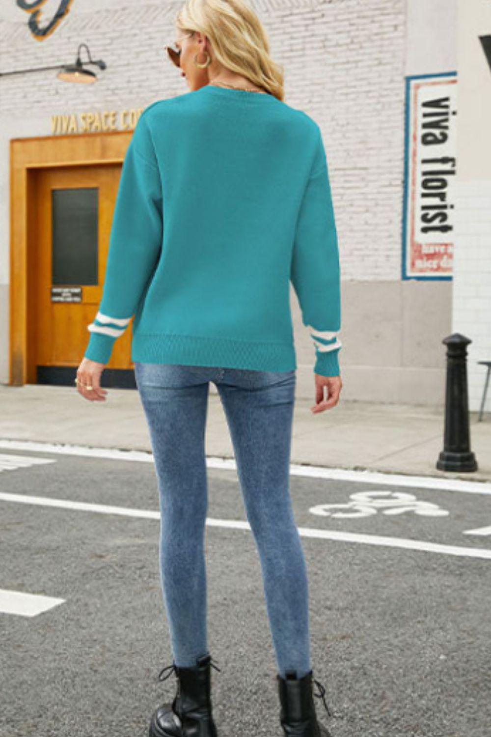 Graphic Round Neck Dropped Shoulder Sweater BLUE ZONE PLANET