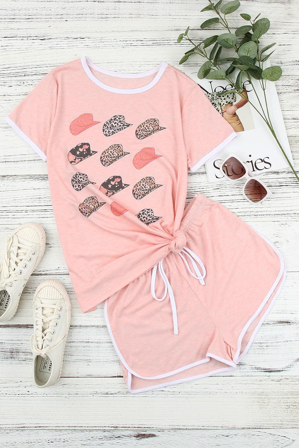 Graphic Tee and Drawstring Shorts Loungewear Set-TOPS / DRESSES-[Adult]-[Female]-Pink-S-Blue Zone Planet