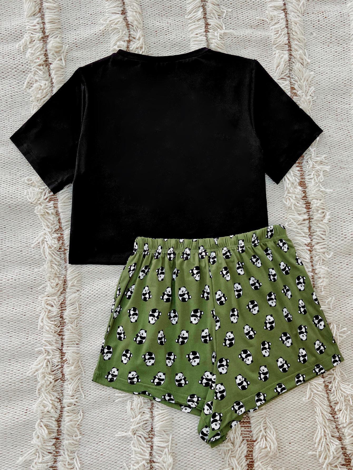 Graphic Tee and Panda Print Shorts Lounge Set BLUE ZONE PLANET