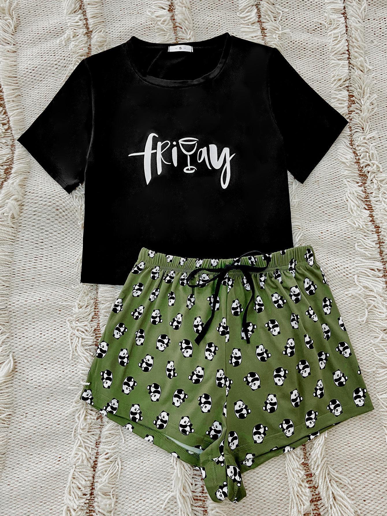 Graphic Tee and Panda Print Shorts Lounge Set BLUE ZONE PLANET