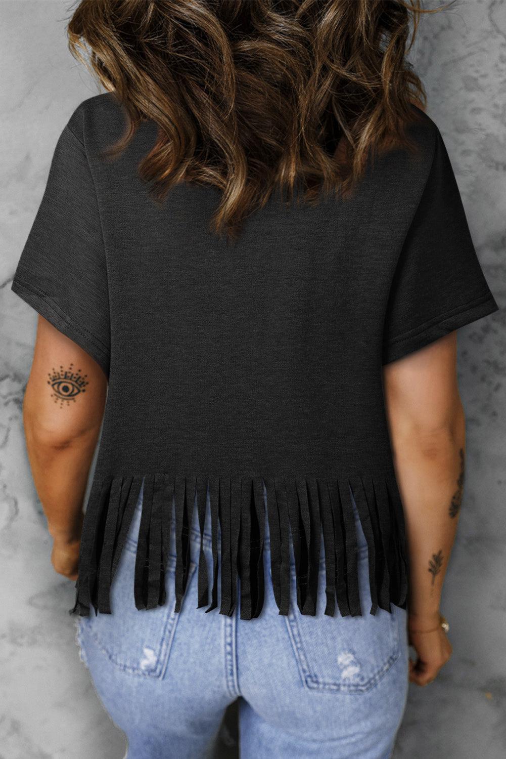 Graphic V-Neck Fringe Hem T-Shirt BLUE ZONE PLANET