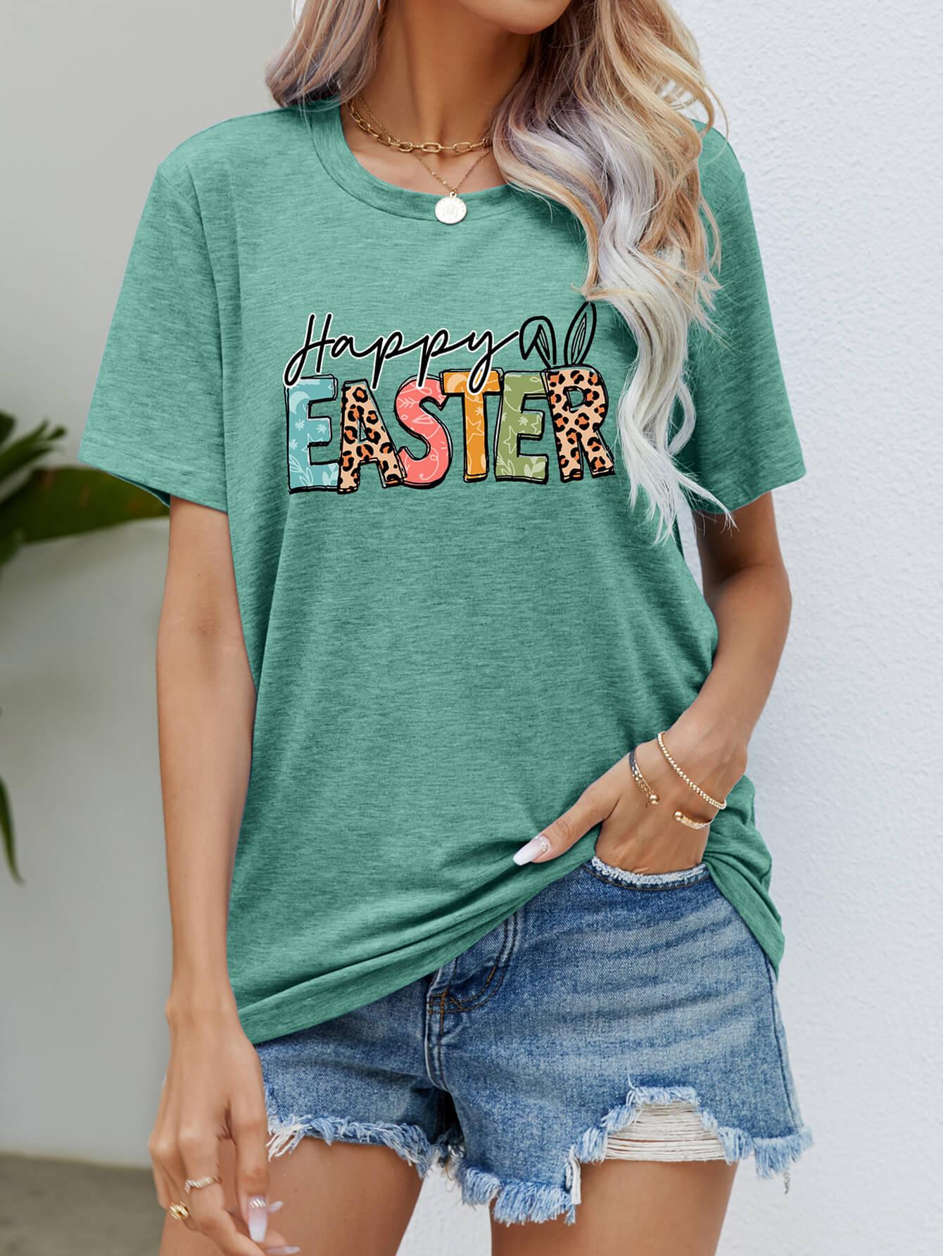 HAPPY EASTER Graphic Round Neck Tee Shirt BLUE ZONE PLANET