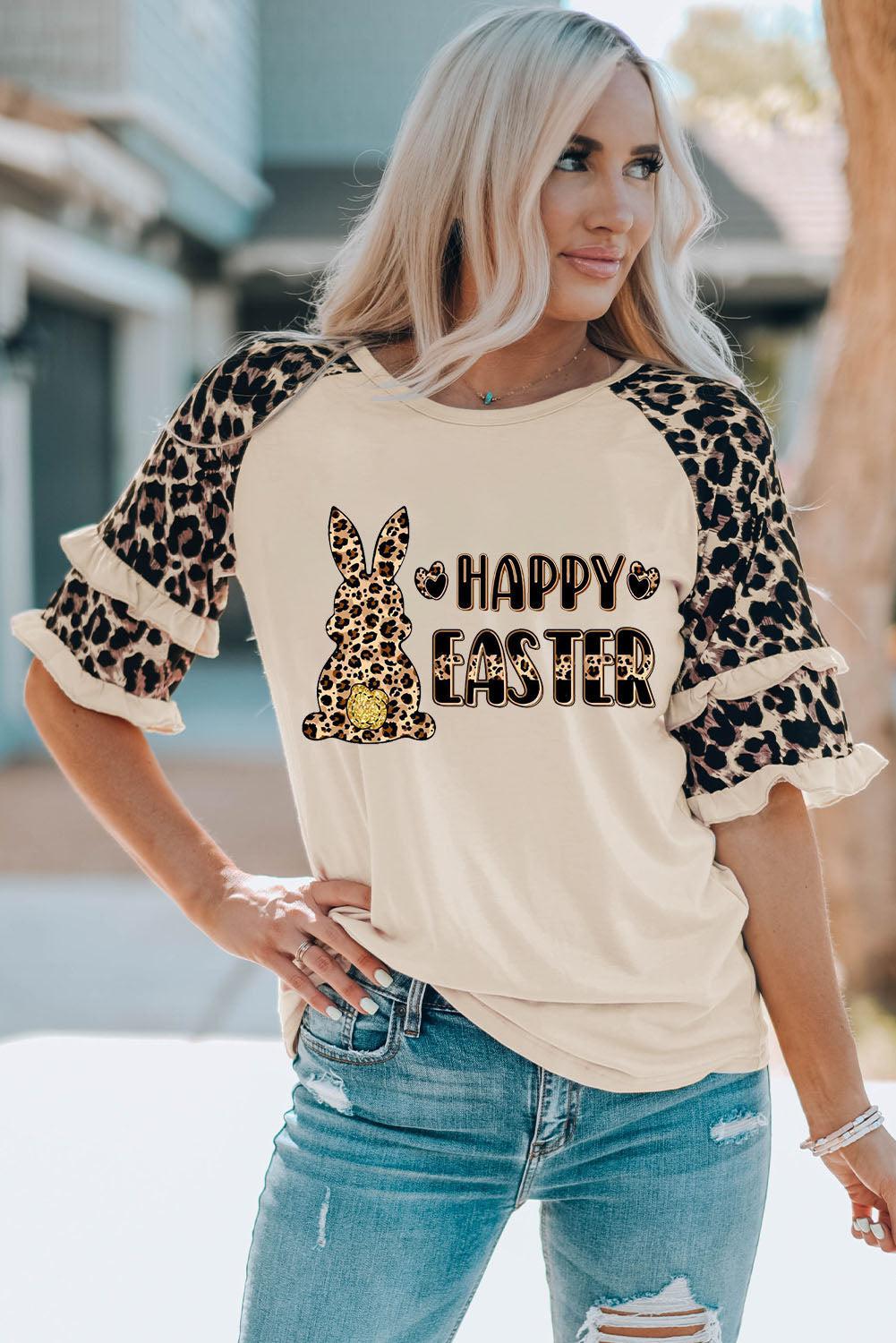 HAPPY EASTER Leopard Graphic Layered Sleeve T-Shirt BLUE ZONE PLANET