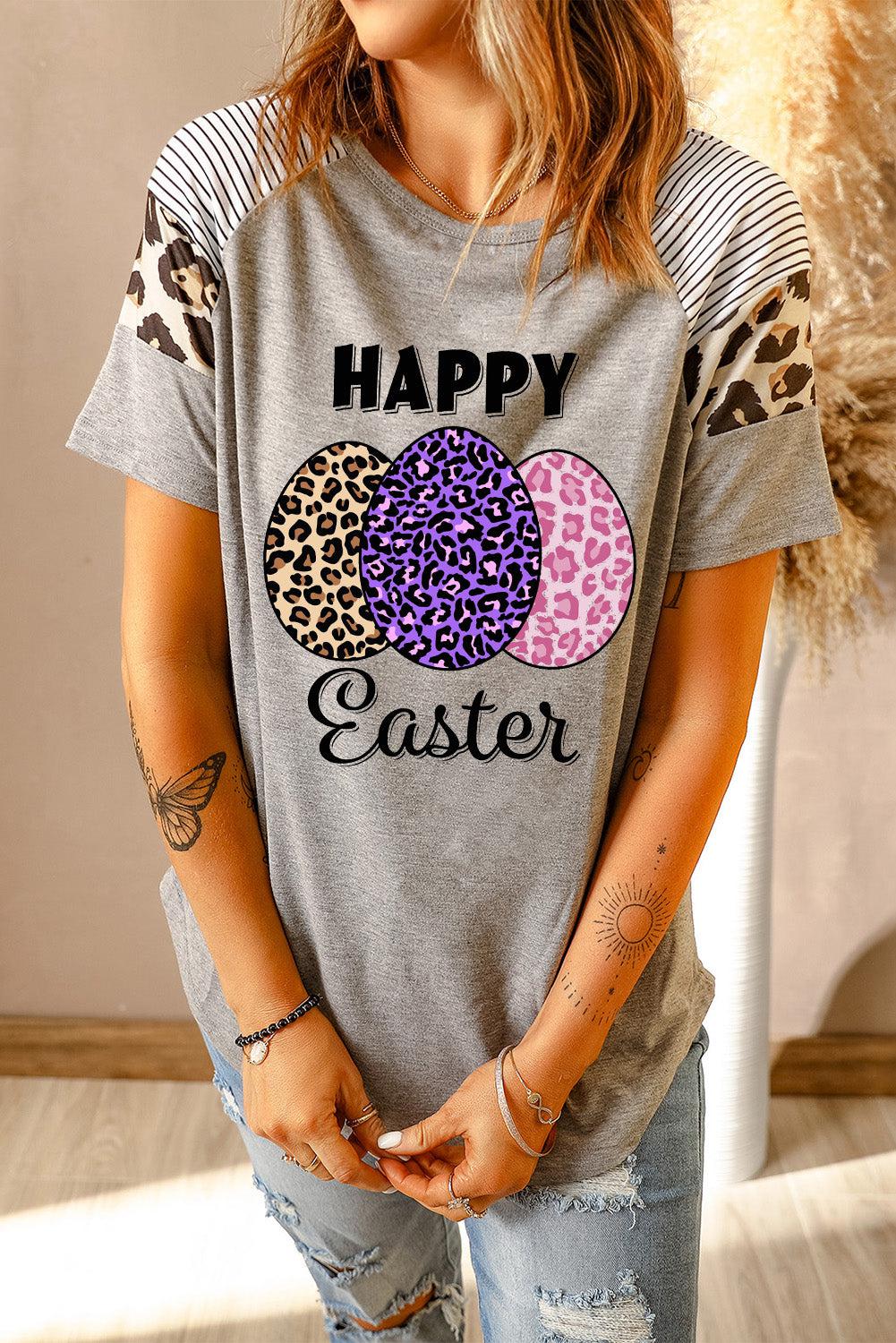HAPPY EASTER Leopard Graphic Raglan Sleeve Tee-TOPS / DRESSES-[Adult]-[Female]-Gray-S-2022 Online Blue Zone Planet