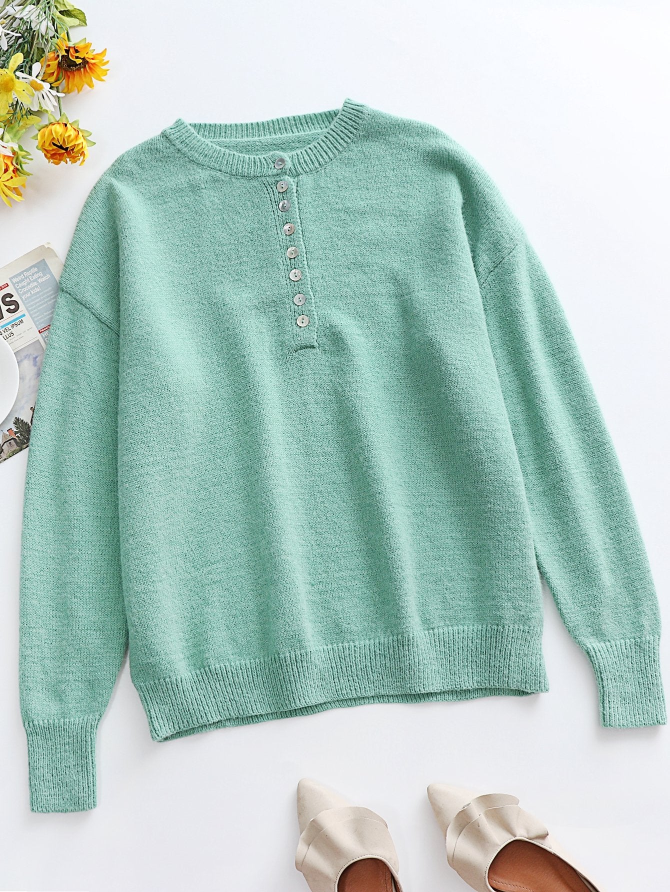 Half Button Long Sleeve Henley Sweater-TOPS / DRESSES-[Adult]-[Female]-Green-S-Blue Zone Planet