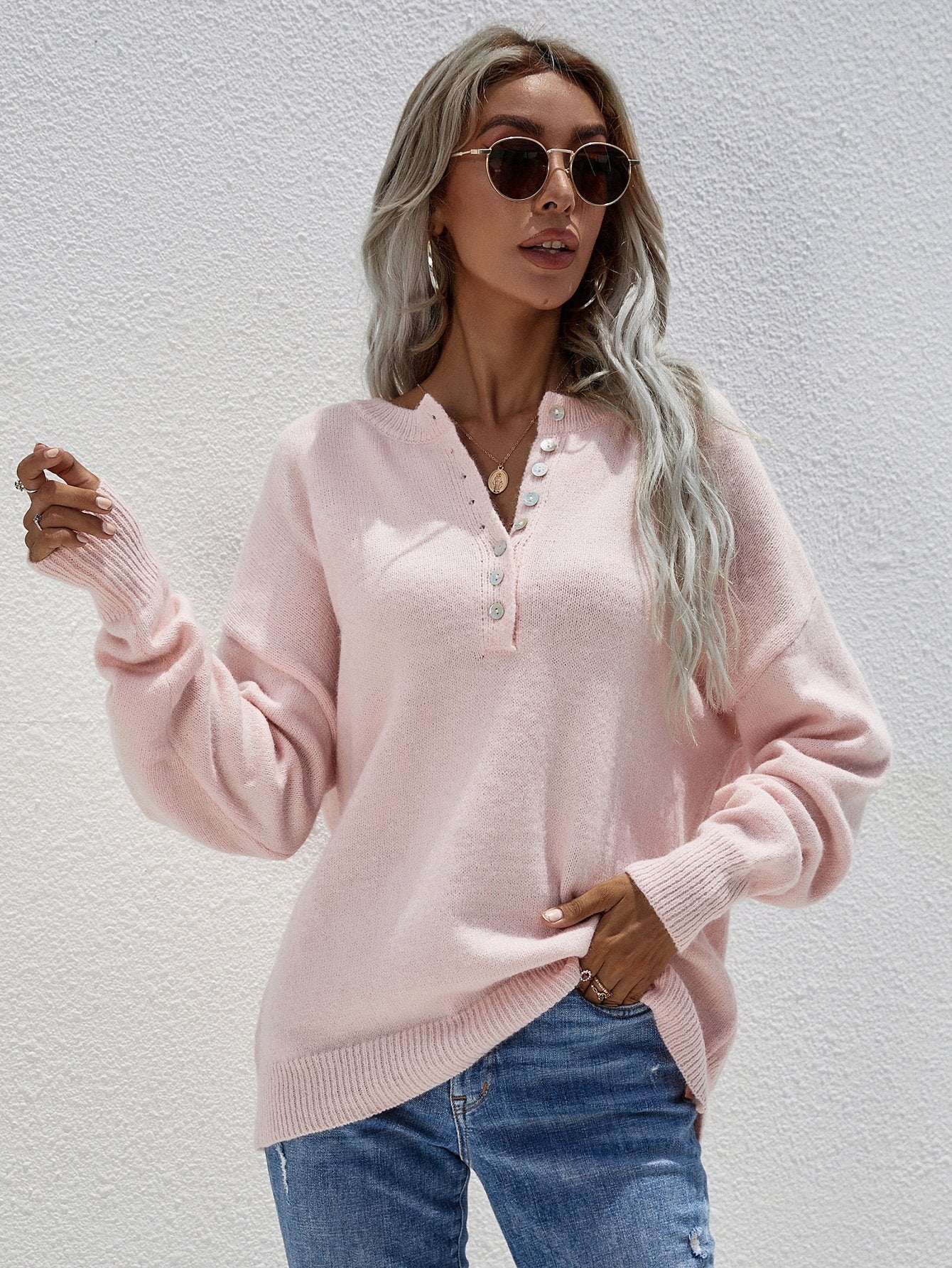 Half Button Long Sleeve Henley Sweater-TOPS / DRESSES-[Adult]-[Female]-Pink-S-Blue Zone Planet