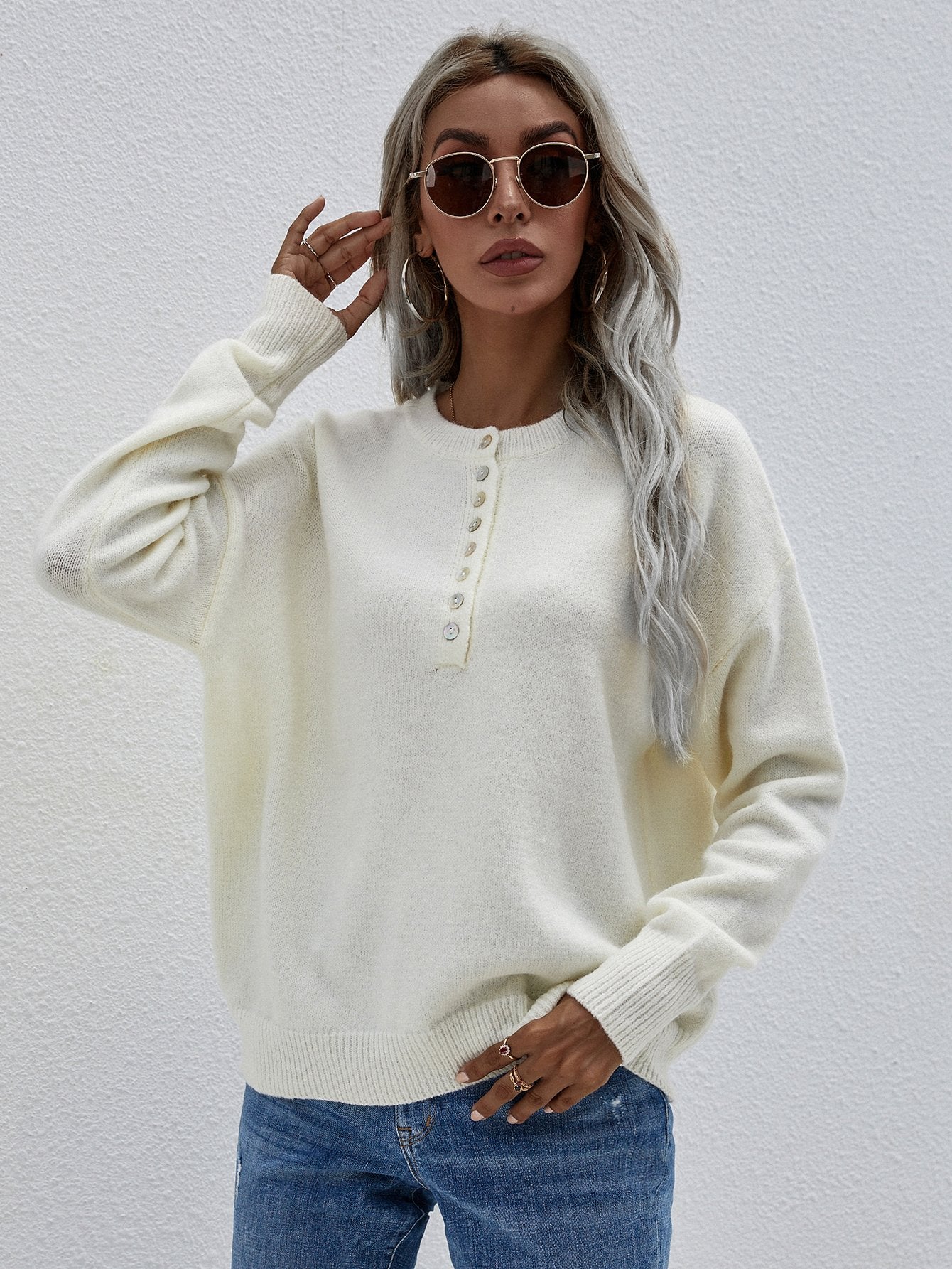 Half Button Long Sleeve Henley Sweater-TOPS / DRESSES-[Adult]-[Female]-White-S-Blue Zone Planet