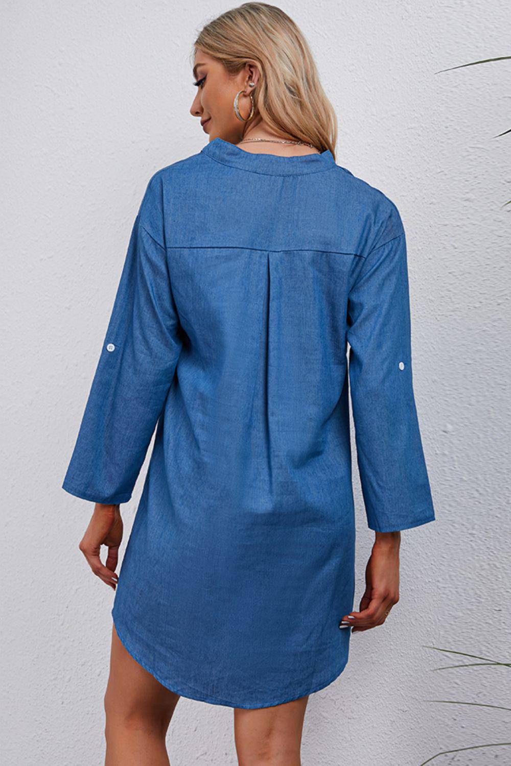 Half-Button Notched Neck High-Low Denim Dress BLUE ZONE PLANET