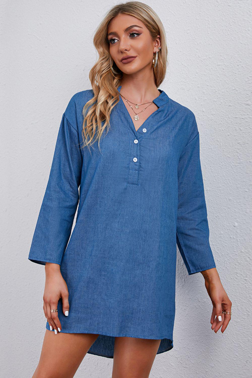 Half-Button Notched Neck High-Low Denim Dress BLUE ZONE PLANET