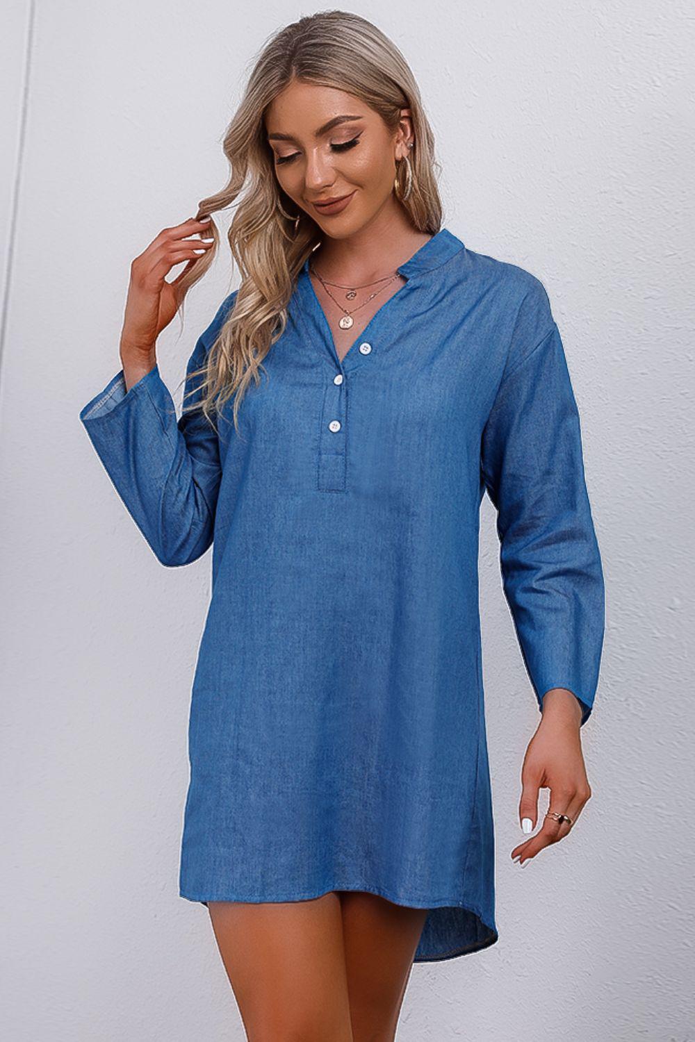 Half-Button Notched Neck High-Low Denim Dress BLUE ZONE PLANET