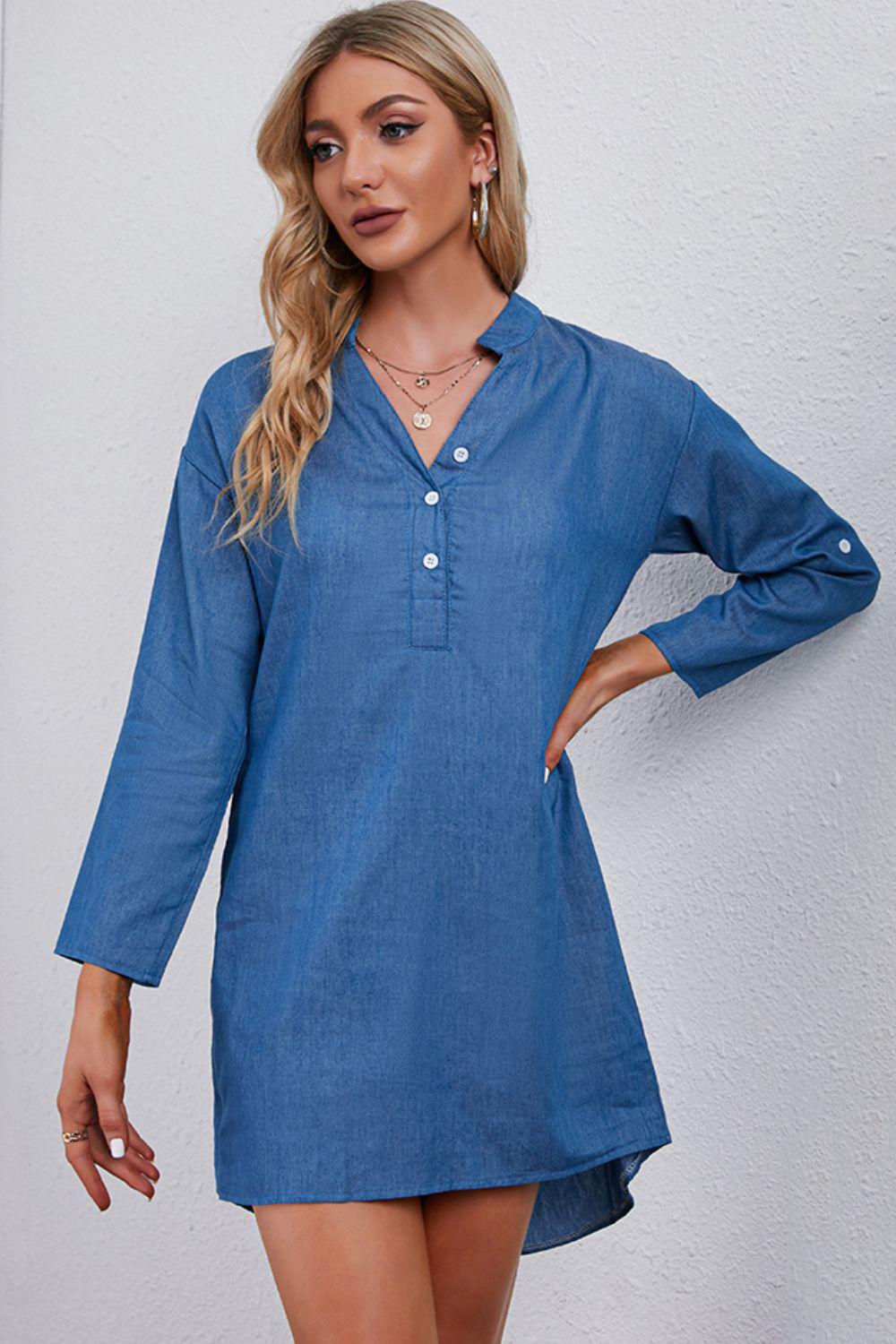 Half-Button Notched Neck High-Low Denim Dress BLUE ZONE PLANET