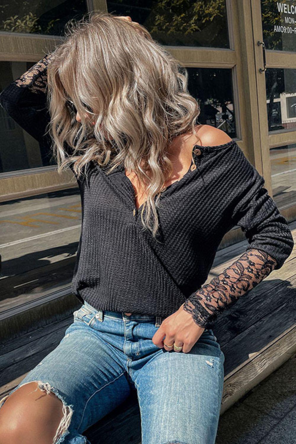 Half Button Spliced Lace Waffle-Knit Top-TOPS / DRESSES-[Adult]-[Female]-Blue Zone Planet