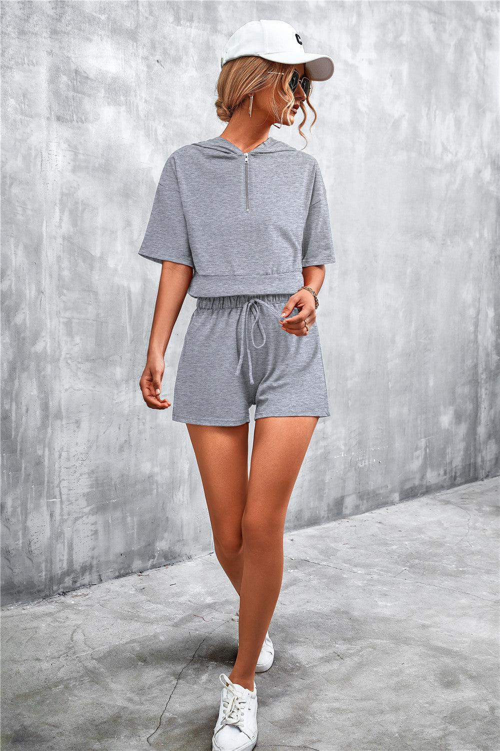 Half Zip Cropped Hooded T-Shirt and Shorts Set BLUE ZONE PLANET