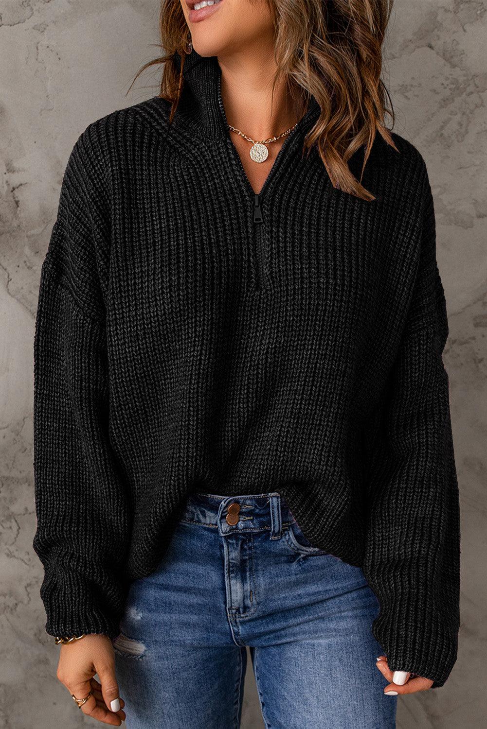 Half Zip Rib-Knit Dropped Shoulder Sweater BLUE ZONE PLANET